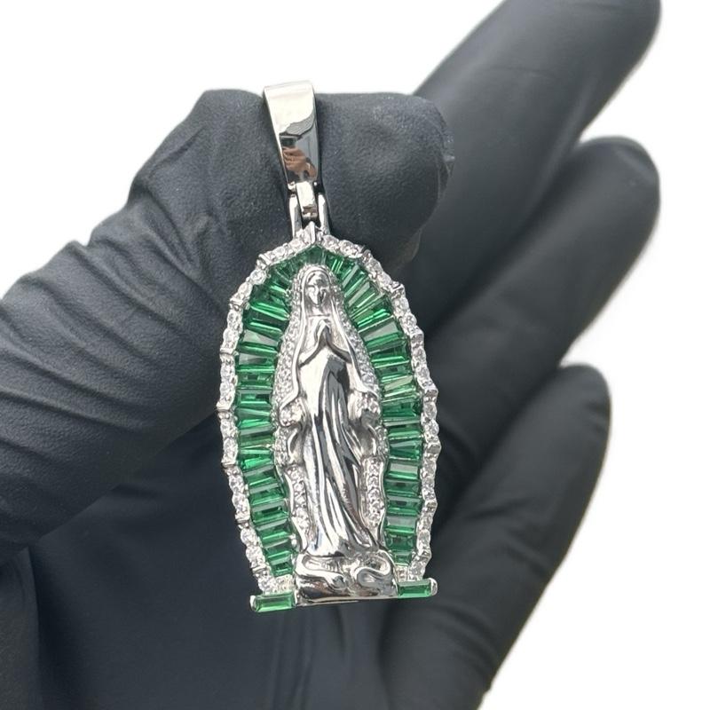 Virgen de Guadalupe verde CZ stone silver 925 Religious Pendant Jewelry Pendant image 2
