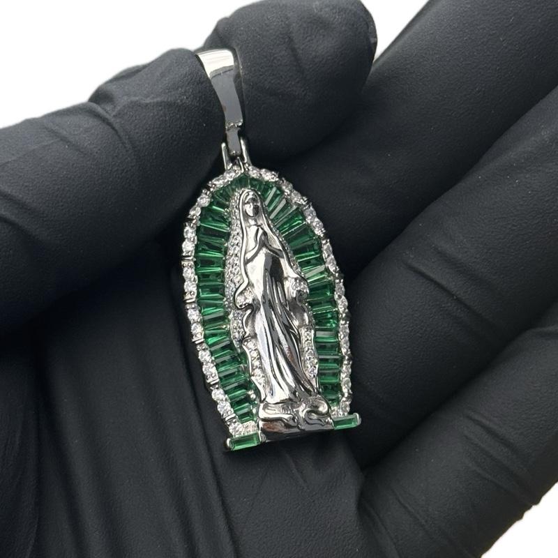 Virgen de Guadalupe verde CZ stone silver 925 Religious Pendant Jewelry Pendant image 0